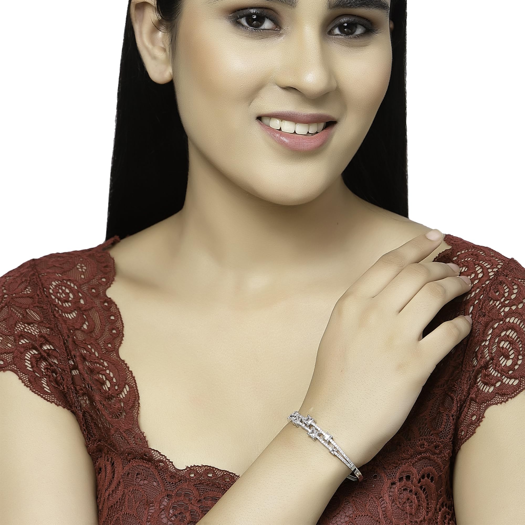 Rhodium-Plated American Diamond Flower Kada Bracelet